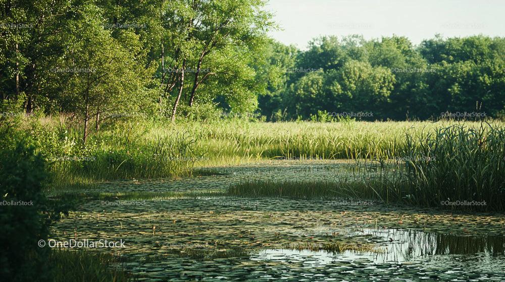 Tranquil Pond Surrounded by Lush Greenery and Trees