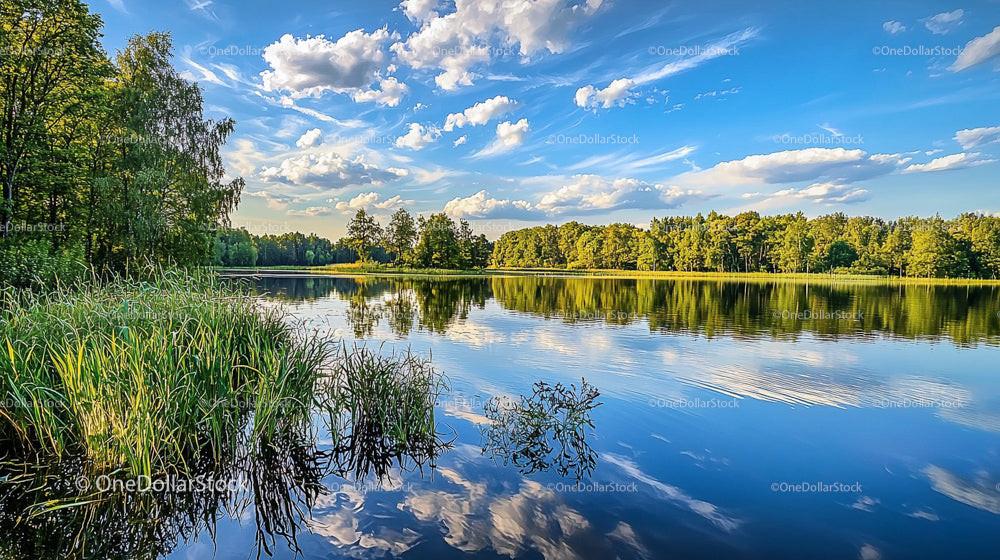 Tranquil Lake with Forest Reflection and Clear Sky