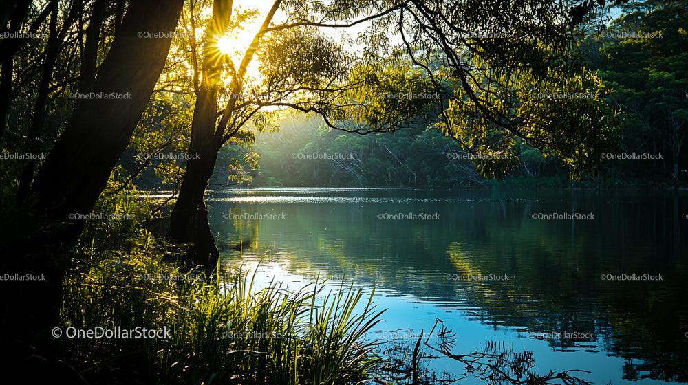 Sunset Glow Over Tranquil Lake with Forest Backdrop