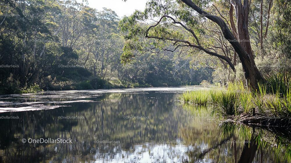 Serene River with Eucalyptus Trees and Lush Greenery