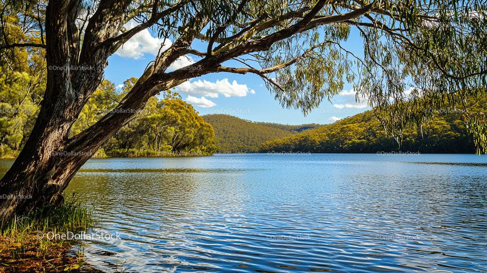 Eucalyptus Tree Overlooking a Serene Lake with Forested Hills