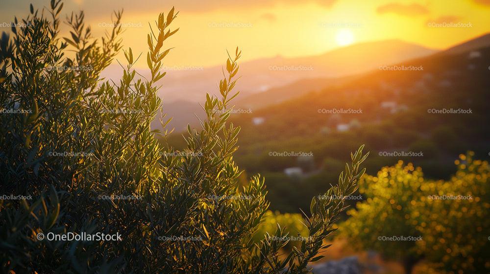 Olive Branches in Golden Sunset Over Mediterranean Hills