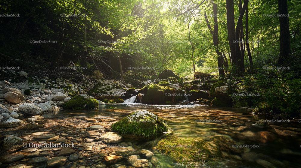 Tranquil Forest Stream with Sunlit Foliage and Mossy Rocks