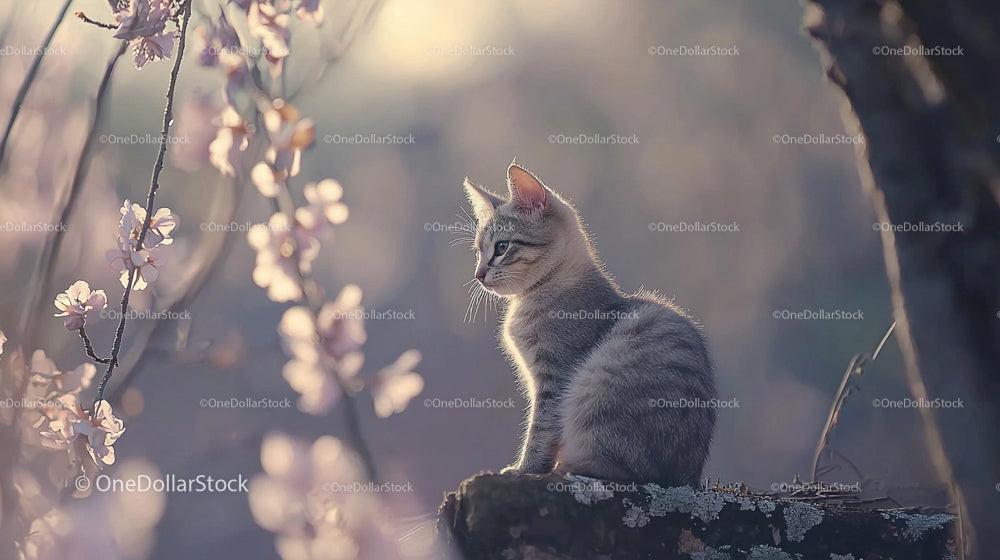 Tabby Kitten Amidst Blooming Cherry Blossoms in Soft Light