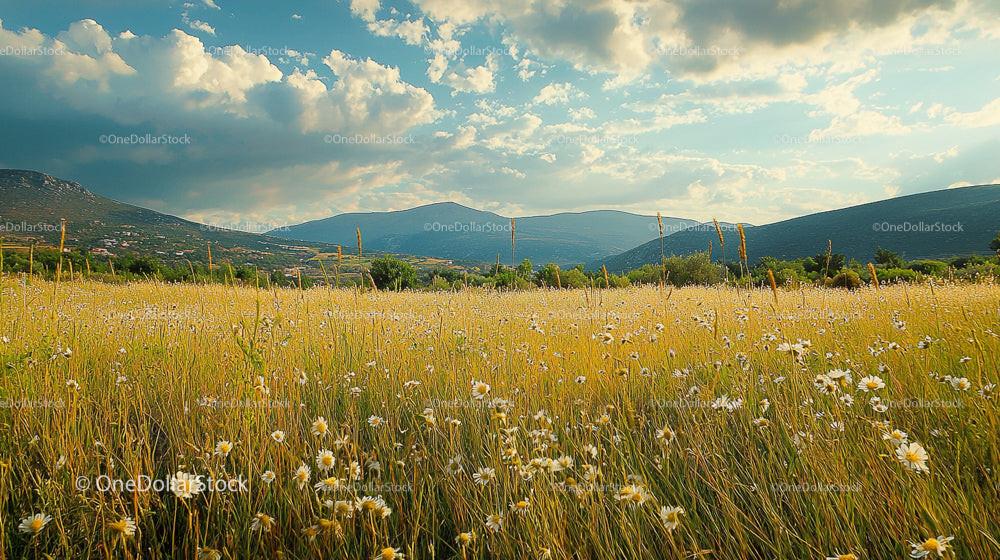 Golden Meadow with Daisies and Mountain Backdrop under Blue Sky