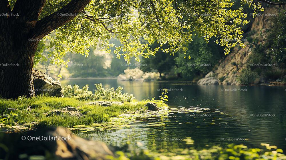 Serene Riverbank with Lush Greenery and Sunlight Reflections