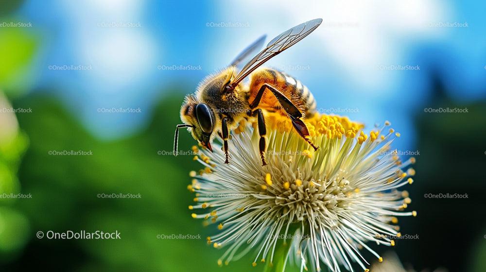 Honey Bee Pollinating Yellow Flower in Vibrant Garden