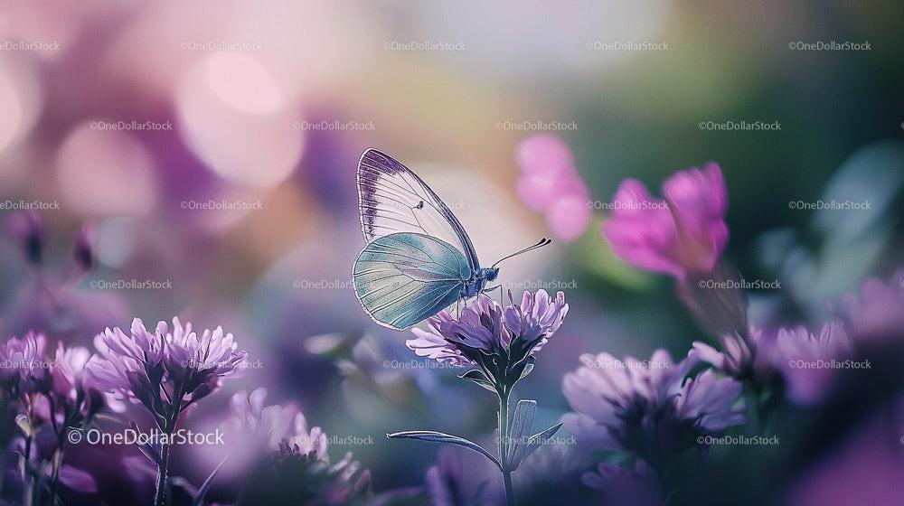 Butterfly Resting on Purple Flowers in a Dreamy Meadow