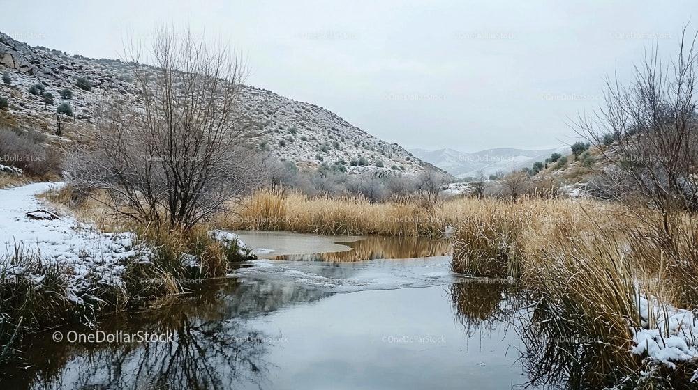 Serene Winter River and Snow-Covered Hillside