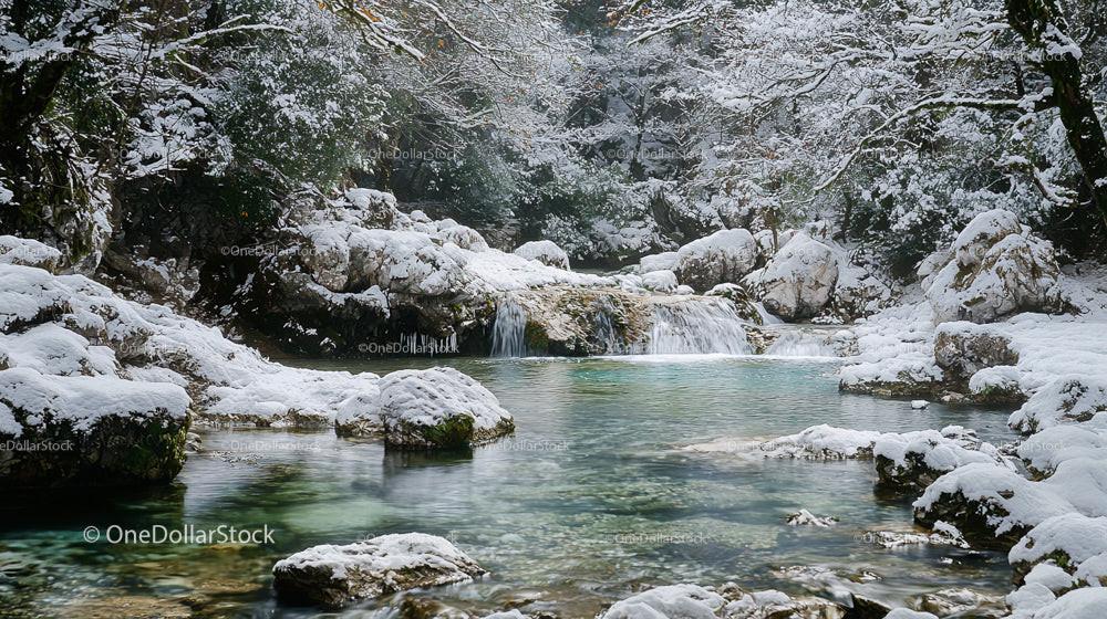 Snowy Forest Stream with Waterfall in Serene Winter Landscape