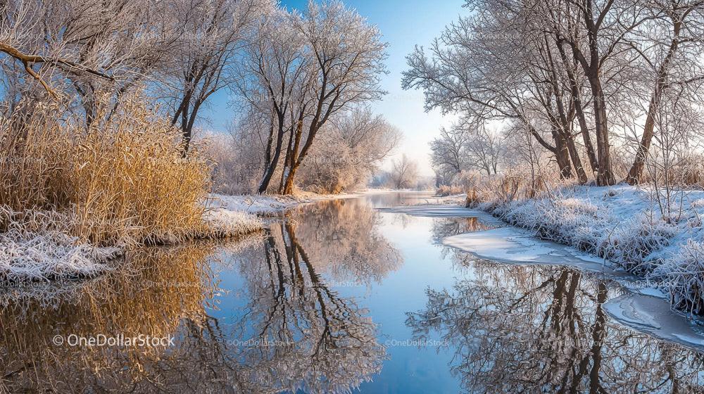Snow-Covered Riverbanks Reflecting Winter Trees
