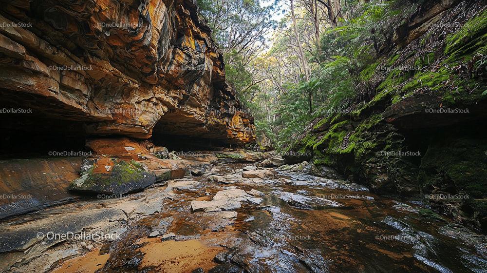 Moss-Covered Canyon with Sandstone Cliffs and Lush Vegetation