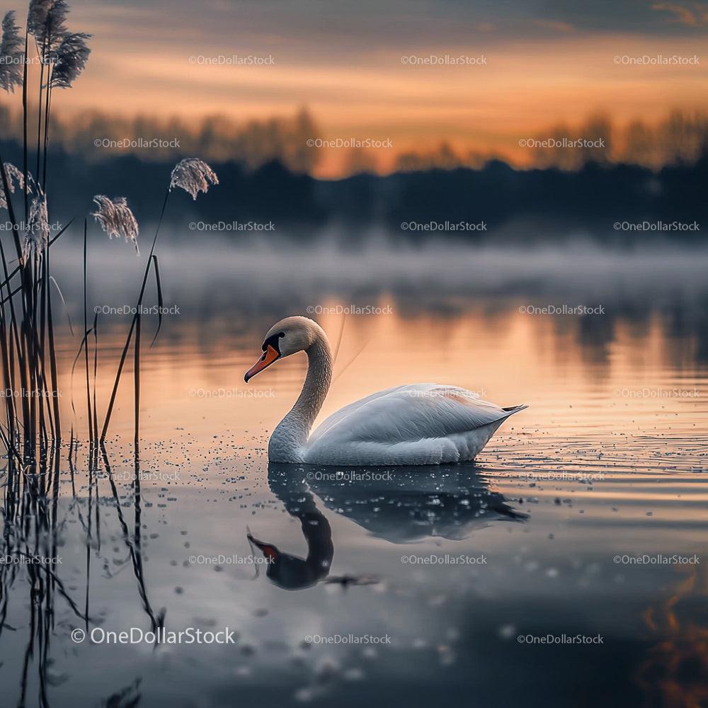 Graceful Swan Gliding on Tranquil Lake at Sunset
