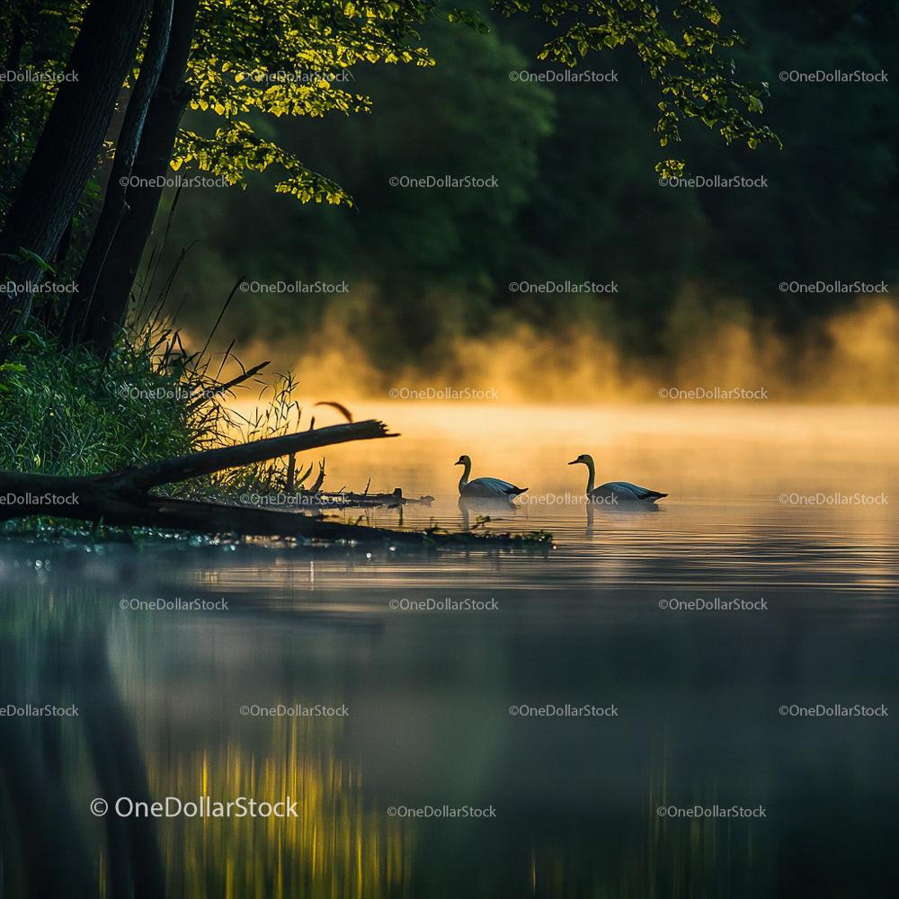 Serene Swans at Sunrise on a Misty Lake