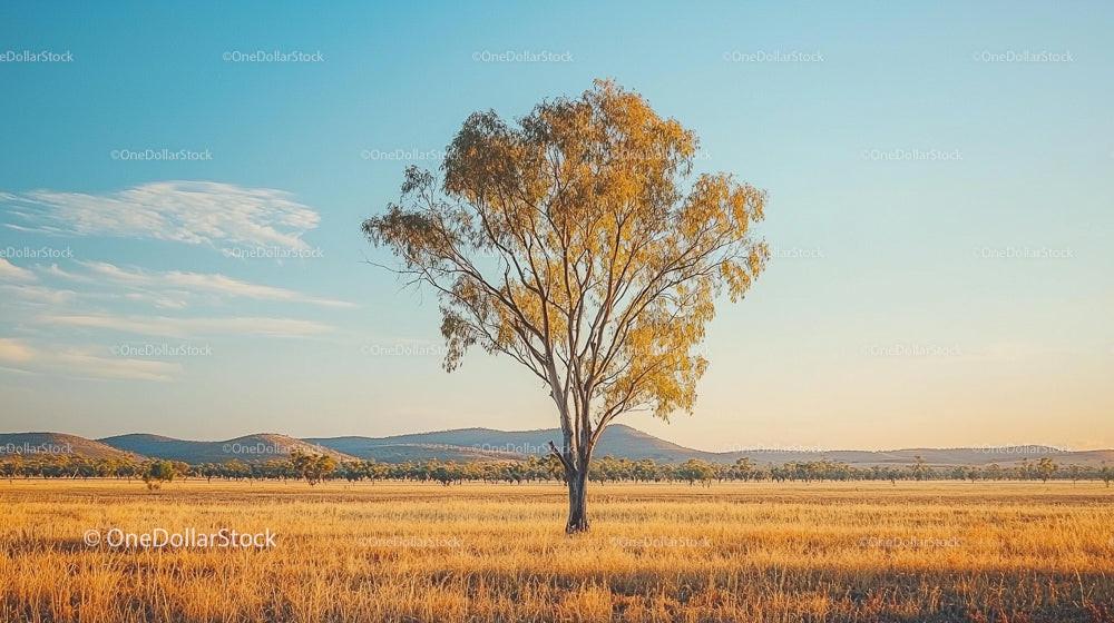 Lone Tree in Golden Field at Sunset