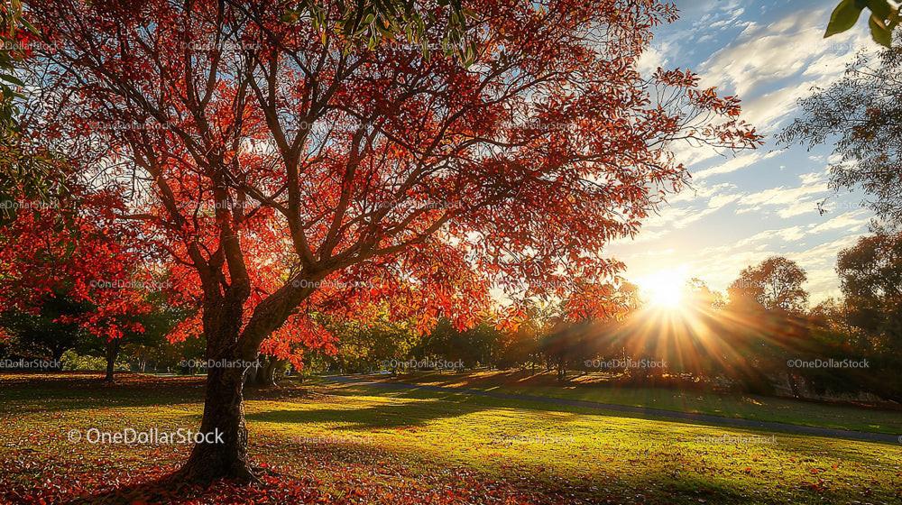 Sunrise Through Autumn Trees in a Vibrant Park