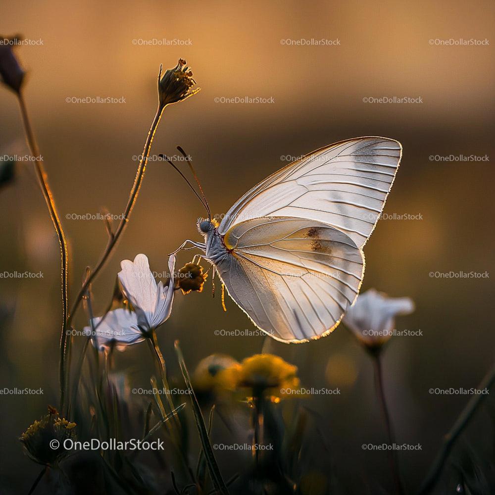 White Butterfly on Wildflowers in Soft Evening Glow