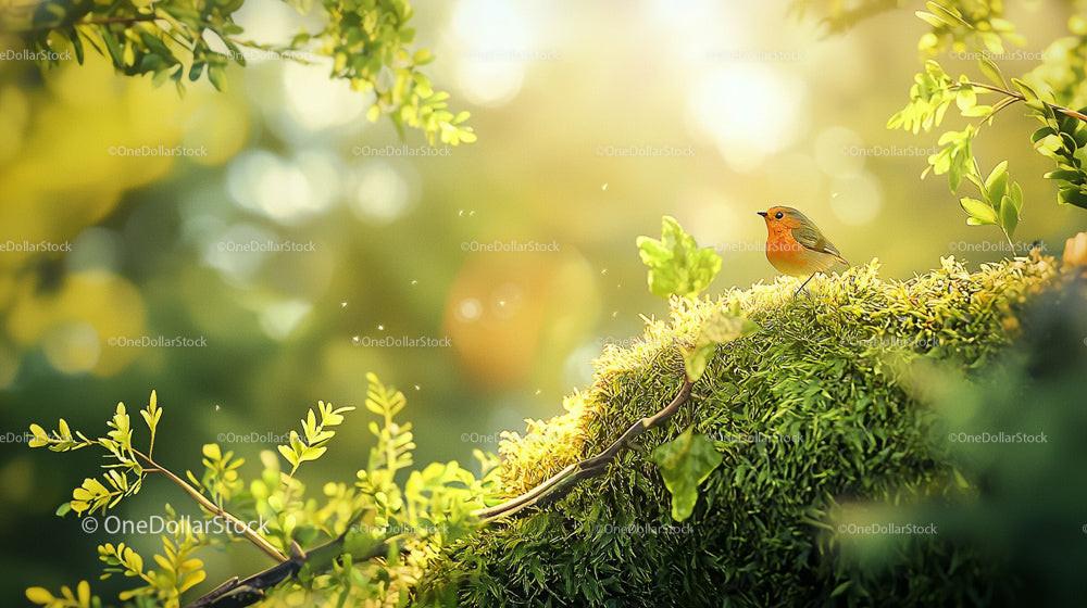 Robin Perched on Moss in Sun-Dappled Forest