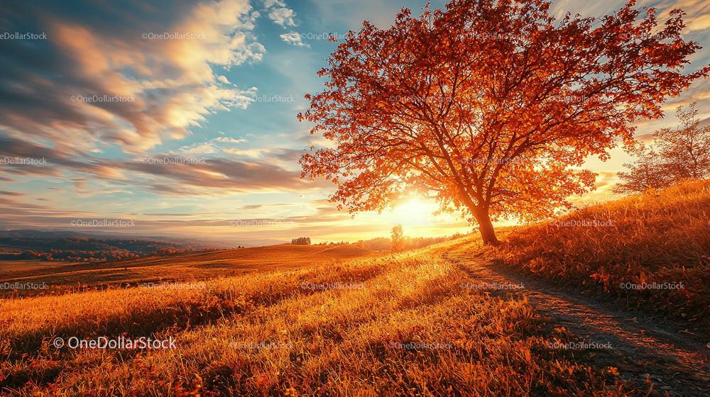 Golden Autumn Tree in a Sunlit Countryside Landscape