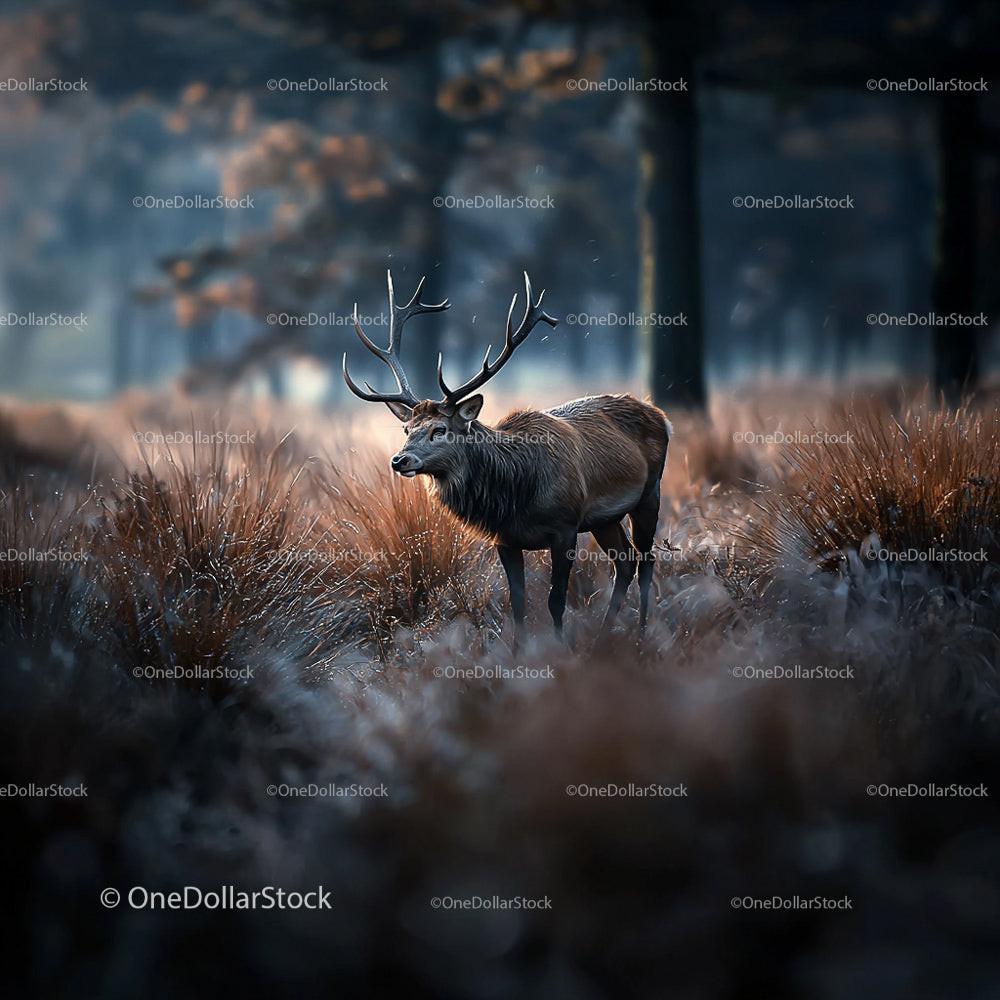 Majestic Stag Standing in Quiet Autumn Forest