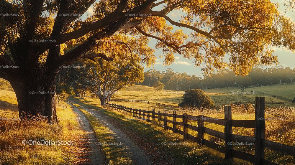 Picturesque Country Road Lined with Autumn Trees at Sunset