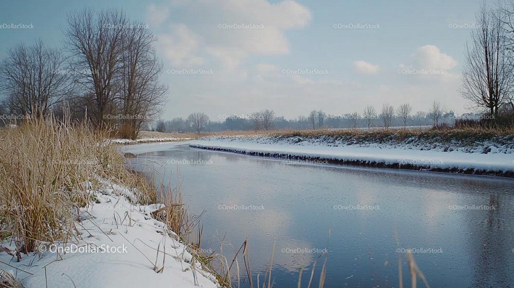 Frozen River and Snowy Landscape Under Clear Blue Sky