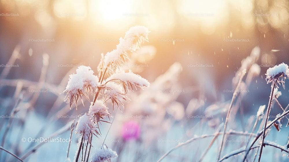 Frosty Plants Bathed in Gentle Winter Sunrise