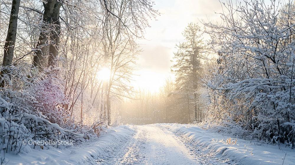 Sunrise Path Through a Snowy Forest in Winter