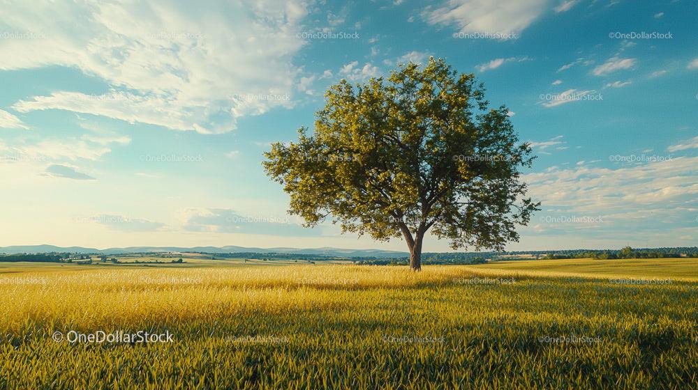 Solitary Tree in a Vast Golden Wheat Field at Sunset
