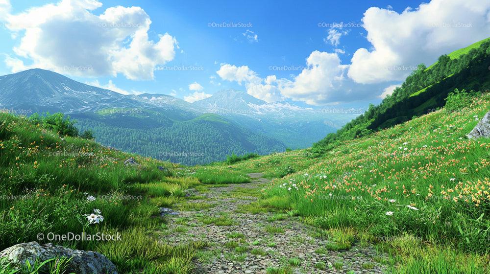 Idyllic Mountain Path Through Wildflower Meadow