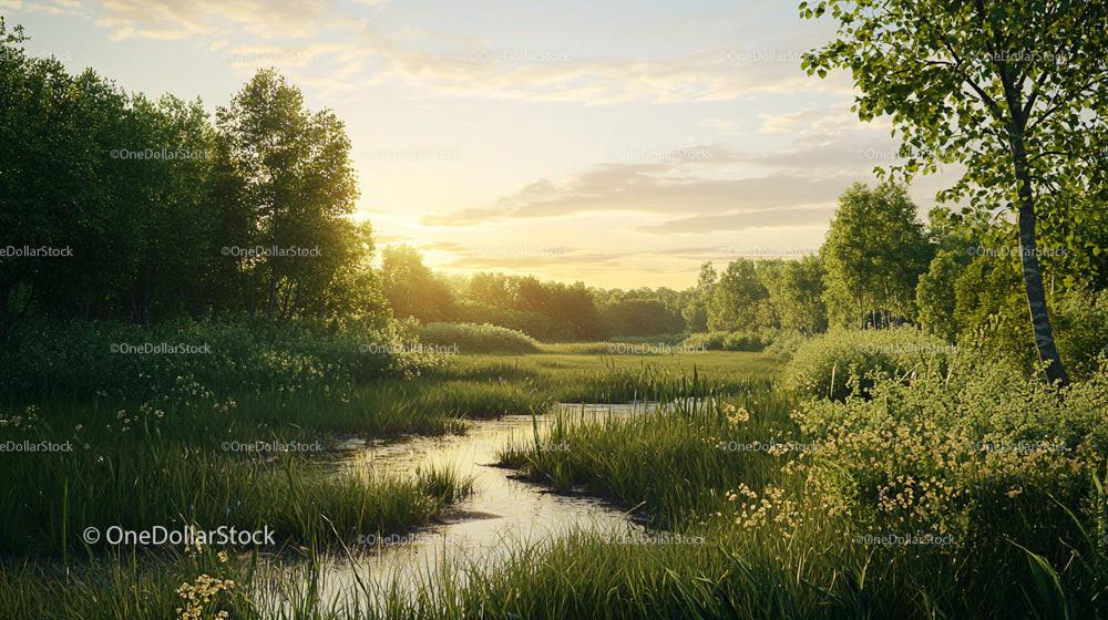 Serene Wetlands with Lush Greenery and Evening Sunlight