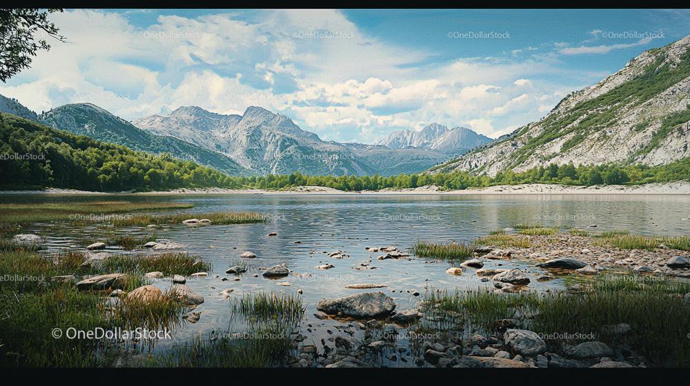 Tranquil Lake and Majestic Mountains Under a Blue Sky