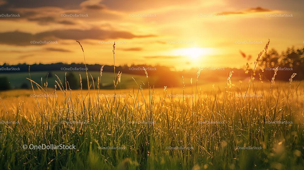 Golden Sunset Over Lush Grass Field