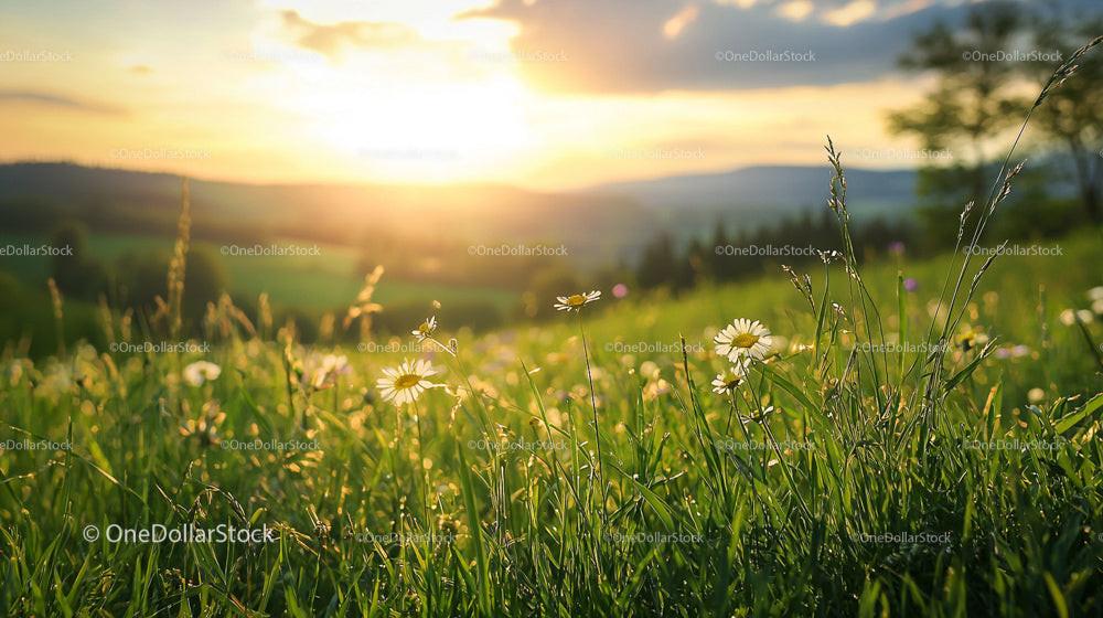 Golden Sunset Over a Meadow with Blooming Daisies