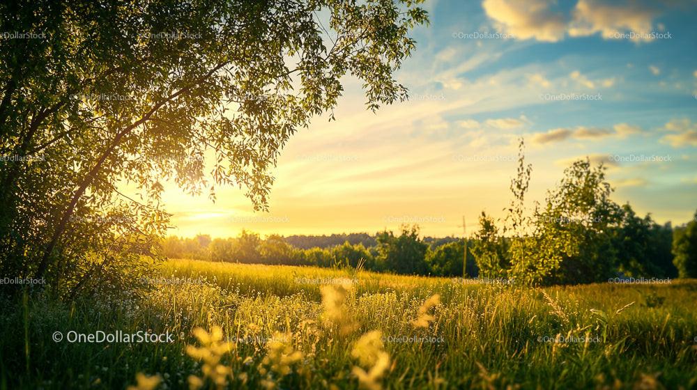 Golden Sunset Over a Tranquil Meadow