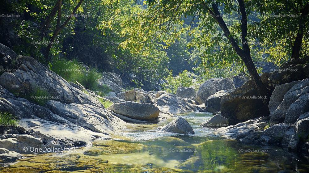 Tranquil River Stream Flowing Through Rocky Forest Landscape