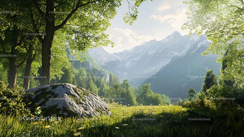 Lush Forest with Alpine Mountain Background at Sunrise