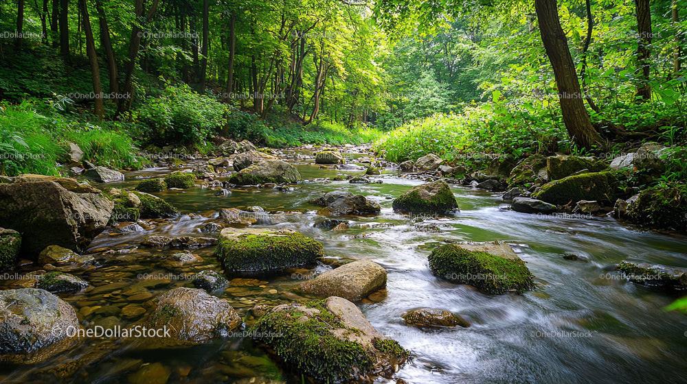 Tranquil Forest Stream with Mossy Rocks and Verdant Greenery