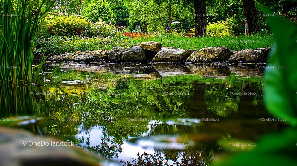 Tranquil Garden Pond with Vibrant Greenery and Stone Edges