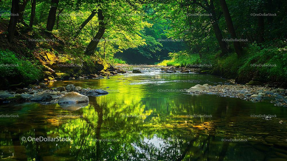 Tranquil Forest Stream with Lush Greenery and Reflections