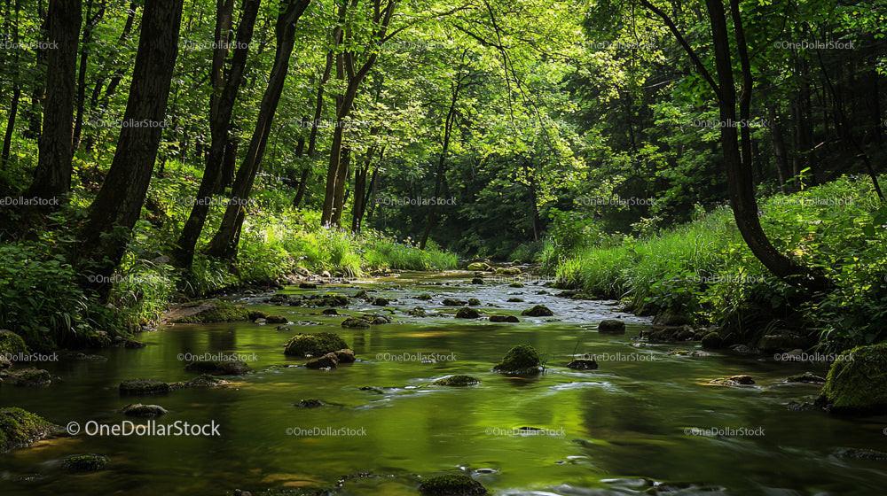 Tranquil Forest Stream Surrounded by Lush Greenery