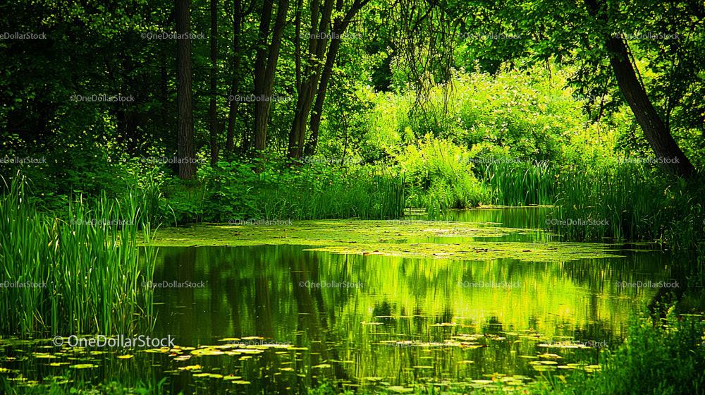 Lush Greenery Surrounding a Tranquil Forest Pond