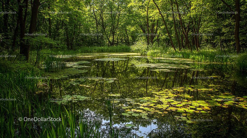 Tranquil Forest Pond with Vibrant Green Lily Pads