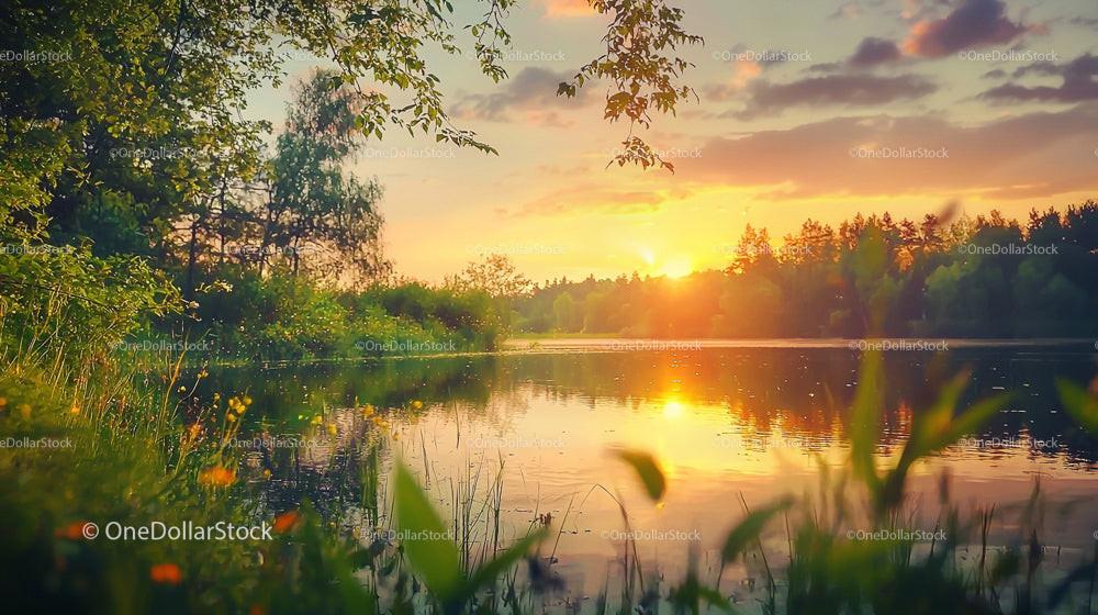 Tranquil Sunset Over a Serene Lake with Lush Greenery