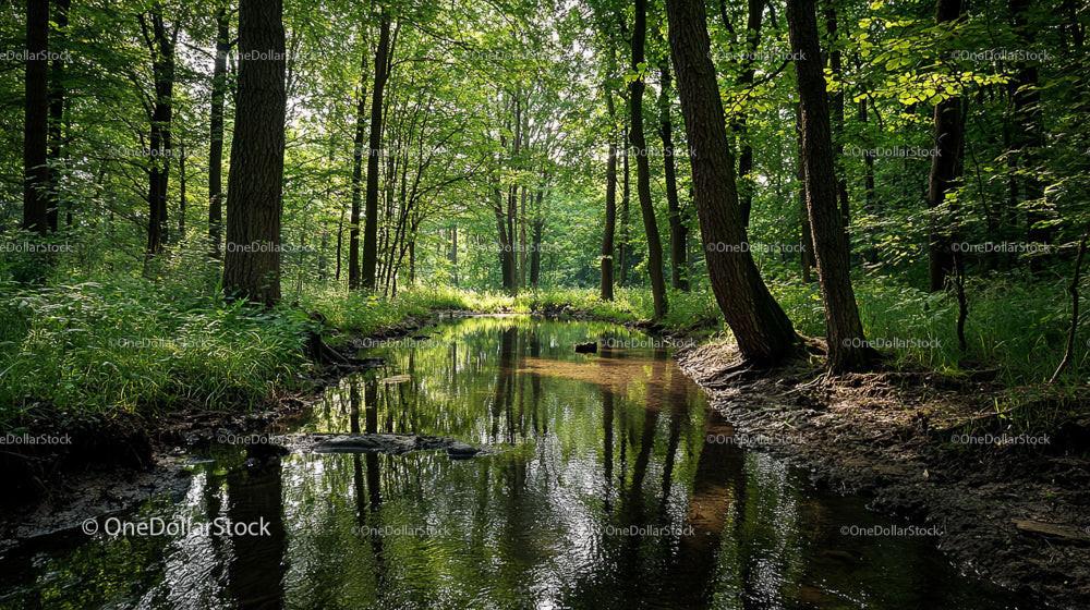 Tranquil Stream Flowing Through Lush Green Forest