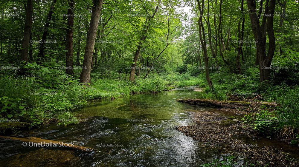 Serene Forest Stream Surrounded by Lush Greenery