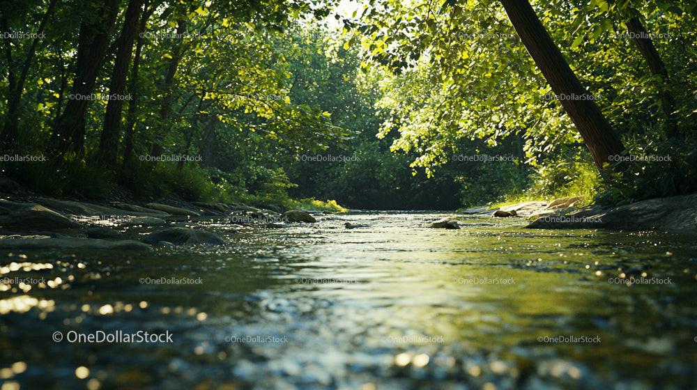 Tranquil Forest Stream Under Lush Green Canopy