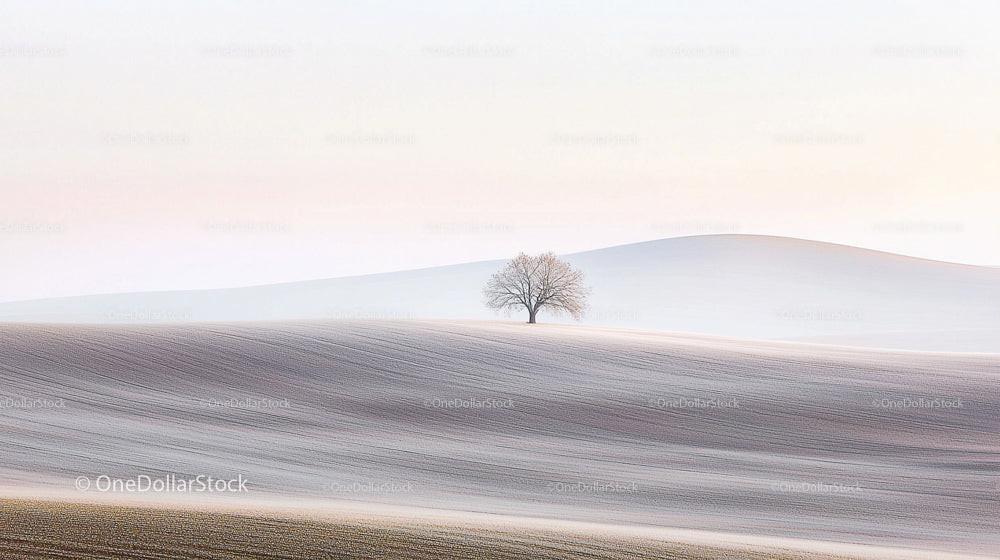Solitary Tree on Rolling Winter Hills at Dawn