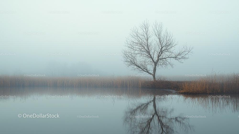 Solitary Tree Reflected in Misty Lake at Dawn