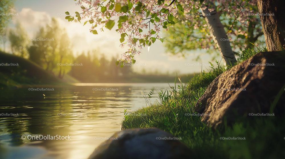 Tranquil Riverbank with Cherry Blossoms and Warm Sunlight